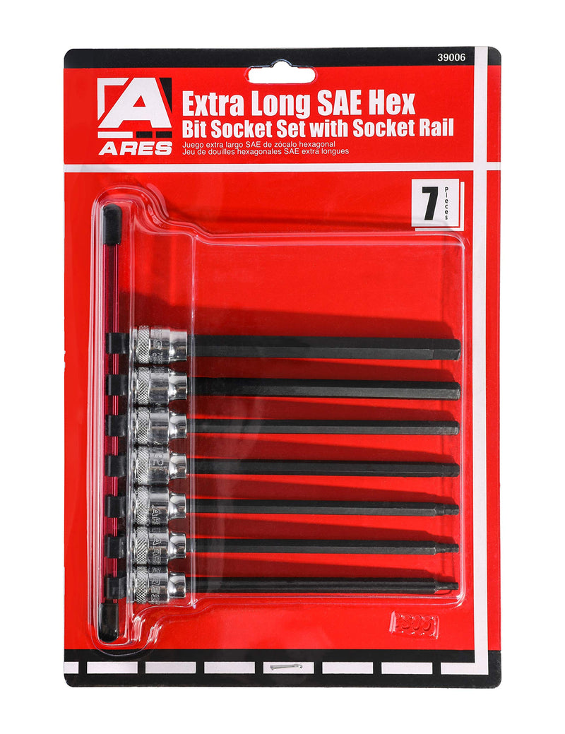  [AUSTRALIA] - ARES 39006 - Extra Long SAE Hex Bit Socket Set - S2 Bit Provides Greater Torque - Convenient Storage Rail Included - Heat Treated Chrome Vanadium Steel Sockets Extra Long SAE Hex Bit Socket Set with Rail