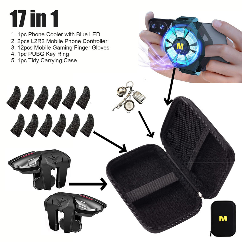  [AUSTRALIA] - 17 in 1 Universal Mobile Phone Cooler Radiator with LED Light Cell Phone Cooling fan, 2pcs L2R2 Mobile Game Controllers Triggers for PUBG/Fortnite/Call of Duty and 12pcs Finger Gloves Sleeves