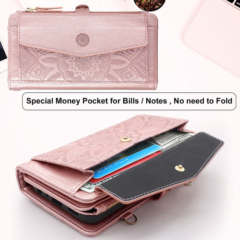  [AUSTRALIA] - Harryshell Compatible with iPhone 14 6.1 inch 2022, [Block Theft Card Scanning], Detachable Magnetic Case Wallet Cash Zipper Pocket Crossbody Lanyard Strap (Floral Rose Gold) Floral Rose Gold