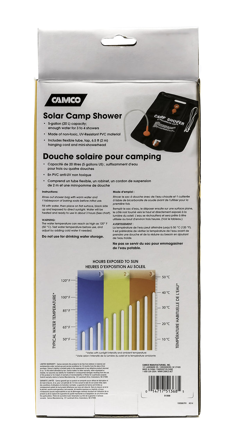  [AUSTRALIA] - Camco Outdoor Natural Solar Shower with On-Off Valve for Campsites - Holds 5 Gallons of Water, Sufficient for 3-4 Showers, Excellent for Camping, Hiking, RVing, and Traveling (51368), White