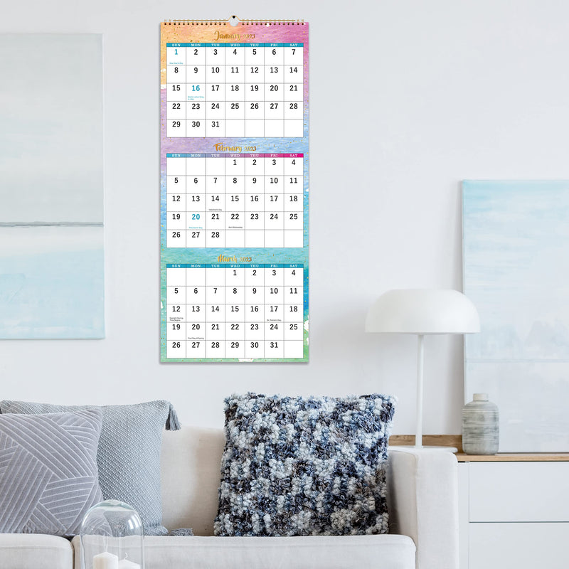  [AUSTRALIA] - 2022-2023 Wall Calendar - 3 Month Calendar Display (Folded in a Month), 11" x 26", Vertical Calendar with Thick Paper, Large, Lay- Flat, May 2022 - June 2023, Perfect for Daily Organizing & Planning - Watercolor Ink