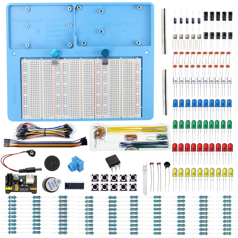  [AUSTRALIA] - Makeronics 7 in 1 Blue Breadboard Holder Raspberry Pi 4 Holder + 1200 Breadboard+Electronics Fun Kit|Power Supply Module| Precision Potentiometer and More for Prototyping Circuit/Arduino/Raspberry Pi