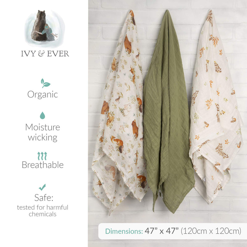  [AUSTRALIA] - IVY & EVER Organic Cotton Muslin Swaddle Blankets Unisex - Woodland Baby Swaddle Wrap Nursery Receiving Blankets Neutral - Baby Swaddle Blanket 47 x 47 inches Woodland Receiving Blankets 3 Pack