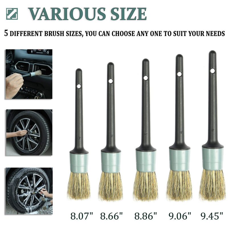  [AUSTRALIA] - Master Detailing Brush Set - 5 Different Sizes - Free Microfiber Towel - Premium Natural Boar Hair - Plastic Handle - No Shed Bristles - For Cleaning Engine, Wheel, Interior, Air Vent, Car, Motorcycle #5