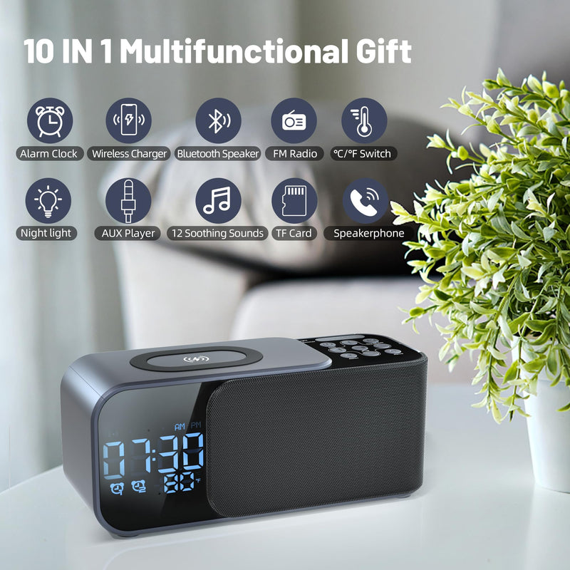  [AUSTRALIA] - blonbar Alarm Clock Radio with Wireless Charging & Bluetooth Speaker,Dimmable LED Display with 9V&2A Fast Charging Port,12 Soothing Sounds,8 Sounds Dual Alarm,Alarm Clock for Bedroom,Home, Adapter