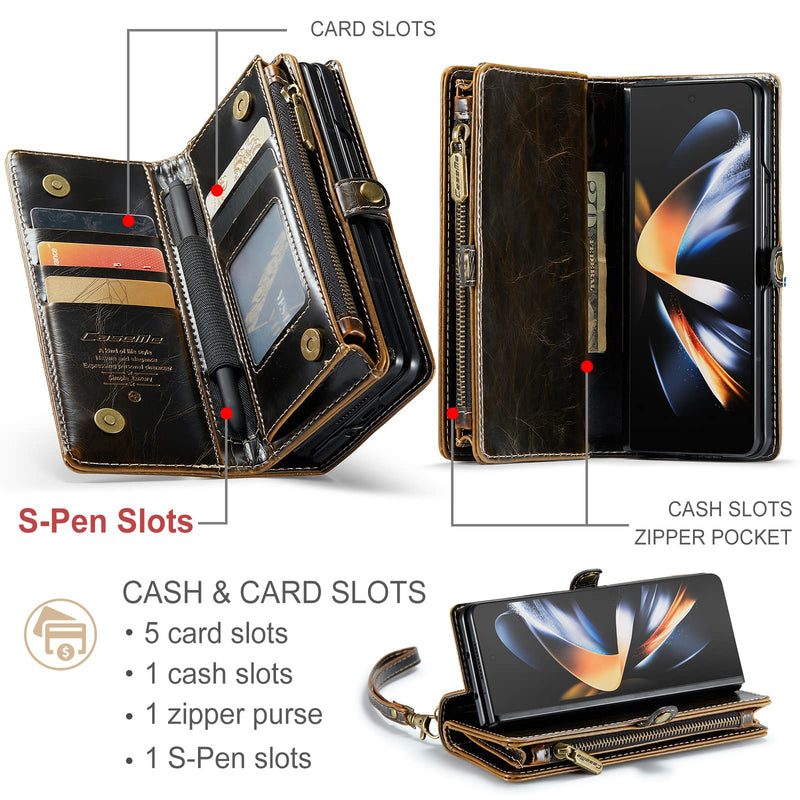  [AUSTRALIA] - ASAPDOS Samsung Galaxy Z Fold 4 Wallet Case with S Pen Holder,PU Leather Zipper Folio Screen Protector Flip Case with Magnetic Closure[S-Pen Fully Compatible],Card Holder and Kickstand(Luxury-Coffee) Luxury-Coffee
