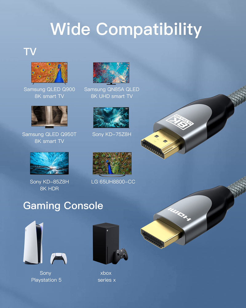 8K HDMI 2.1 Cable 48Gbps 4K120, LamToon Ultra High Speed 8K@60 144Hz 6.5ft Braided HDMI Cable, Dynamic HDR, HDCP 2.2 2.3, eARC Compatible with Newest Apple TV, Samsung QLED TV, PS5, Xbox Series X 6.5ft / 2M - LeoForward Australia