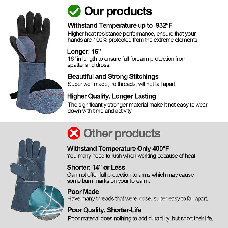  [AUSTRALIA] - HZXVOGEN 16 Inches 932℉ Heat Fire Resistant Welding Gloves BBQ Grill Gloves for Arc Tig Mig Wood Stove Barking Oven Fireplace Welder Gloves – Free Size for Men Women