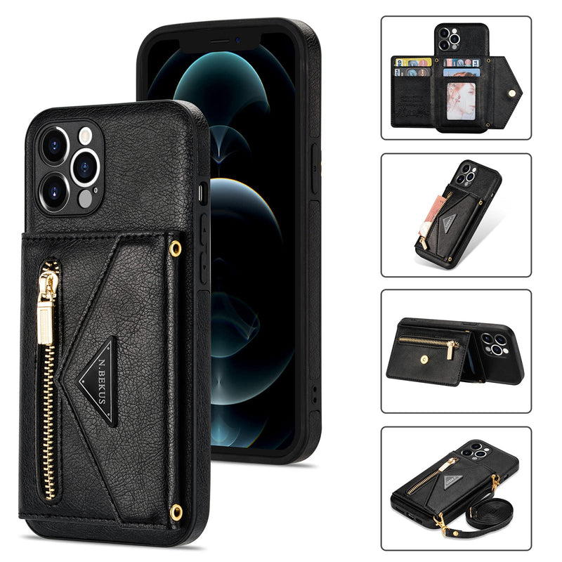  [AUSTRALIA] - SZHAIYU Wallet Crossbody for iPhone 12 Pro Max Phone Case with Lanyard Strap Credit Card Holder, PU Leather Protective Handbag Zipper Purse Kickstand Cover Women Girl (Black) Black