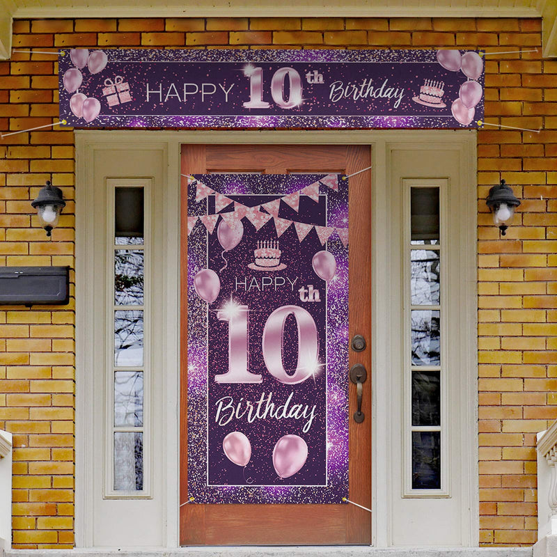  [AUSTRALIA] - PAKBOOM Happy 10th Birthday Door Cover Porch Banner Sign Set - 10 Years Old Birthday Decoraions Party Supplies for Girls - Purple Pink