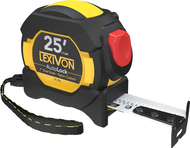  [AUSTRALIA] - LEXIVON 25Ft/7.5m AutoLock Tape Measure | 1-Inch Wide Blade with Nylon Coating, Matte Finish White & Yellow Dual Sided Rule Print | Ft/Inch/Fractions/Metric (LX-205) 25-Feet AutoLock