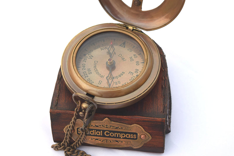  [AUSTRALIA] - NEOVIVID Brass Sundial Compass with Leather Case and Chain - Push Open Compass - Steampunk Accessory - Antiquated Finish - Beautiful Handmade Gift -Sundial Clock