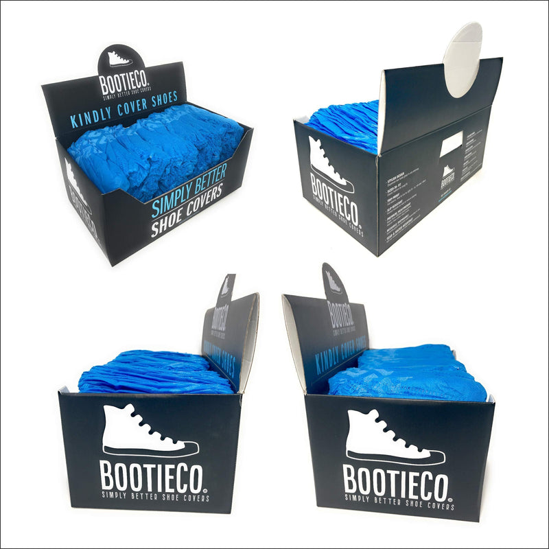  [AUSTRALIA] - BootieCo. Premium Grade Disposable Shoe Covers, 80 ct. (40 pair) Elastic Bottom & Top, Dispenser Box, Heavy Duty, Thicker, Stronger, Dark Blue Booties 100% Virgin Material, Fits Most