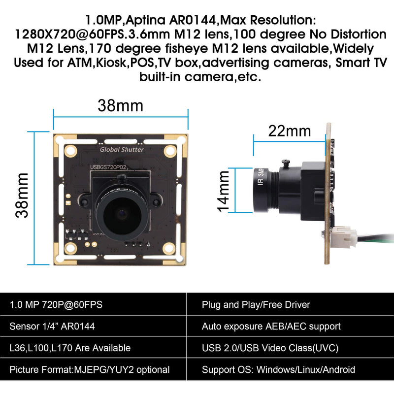  [AUSTRALIA] - Global Shutter USB Camera Module,1MP 60FPS Monochrome USB Webcam Mini Camera Module,Tiny USB Cameras High Speed OTG UVC Linux USB2.0 720P Mini Camera,USB with Cameras for Windows/Android/Mac OS 3.6mm lens Brown