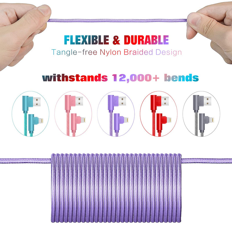  [AUSTRALIA] - iPhone Charger Cord Right Angle Lightning Cable 6FT 5 Pack 90 Degree Nylon Braid Charging Cord Fast Charging Compatible for iPhone 12/12pro/11/11pro/XS/MAX/XR/X/8P/8/7P/7/6 iPad
