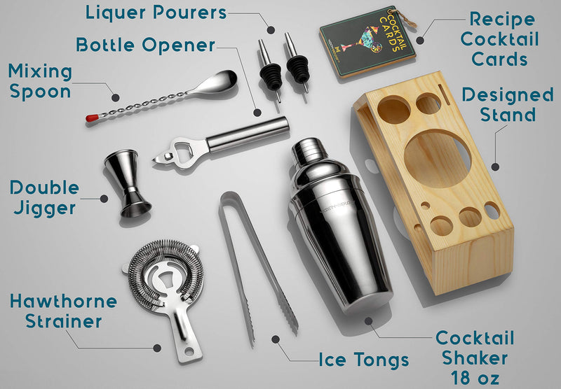  [AUSTRALIA] - Mixology Bartender Kit with Stand | Bar Set Cocktail Shaker Set for Drink Mixing - Bar Tools: Martini Shaker, Jigger, Strainer, Bar Mixer Spoon, Tongs, Bottle Opener | Best Bar Set for the Home