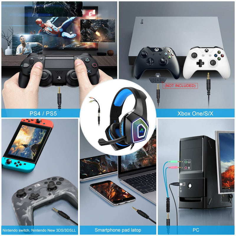  [AUSTRALIA] - Gaming Headset with Mic for Xbox One PS4 PS5 PC Switch Tablet Smartphone, Headphones Stereo Over Ear Bass 3.5mm Microphone Noise Canceling 7 LED Light Soft Memory Earmuffs(Free Adapter)
