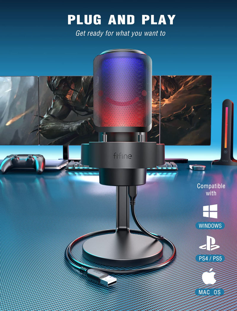 [AUSTRALIA] - FIFINE AmpliGame Gaming Microphone, USB PC Mic for Streaming, Podcasts, Recording, Condenser Computer Desktop Mic on Mac/PS4/PS5, with RGB Control, Mute Touch, Headphone Jack, Pop Filter, Stand-A8 Black