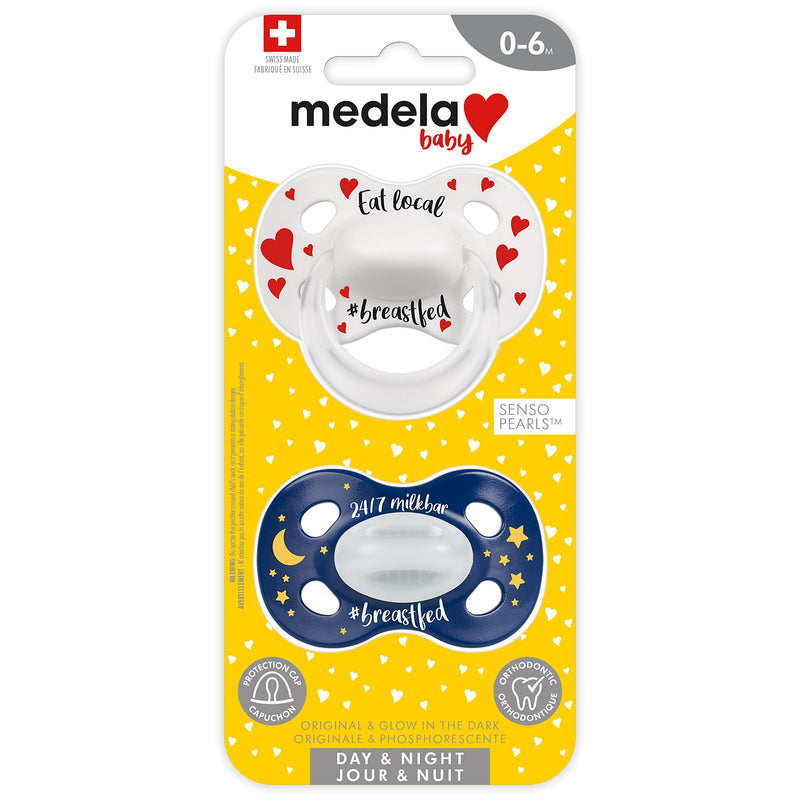 Medela Baby Day & Night Pacifier for 0-6 Months, Bpa Free, Lightweight & Orthodontic, Glow in The Dark Pacifier Set, Baby Pacifiers- 2 Pack Eat Local 0-6 Month - LeoForward Australia