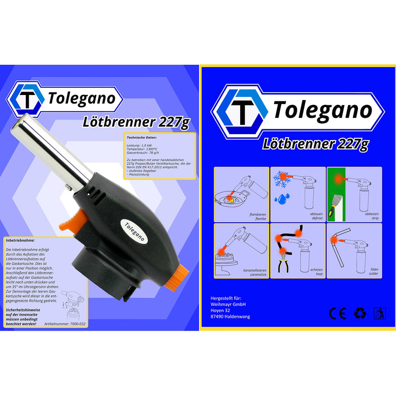  [AUSTRALIA] - Tolegano soldering burner with 4 MFS-1a bayonet gas cartridges 227g with piezo ignition blowtorch Bunsen burner burner attachment flambé burner soldering burner Incl. 04 gas cartridges