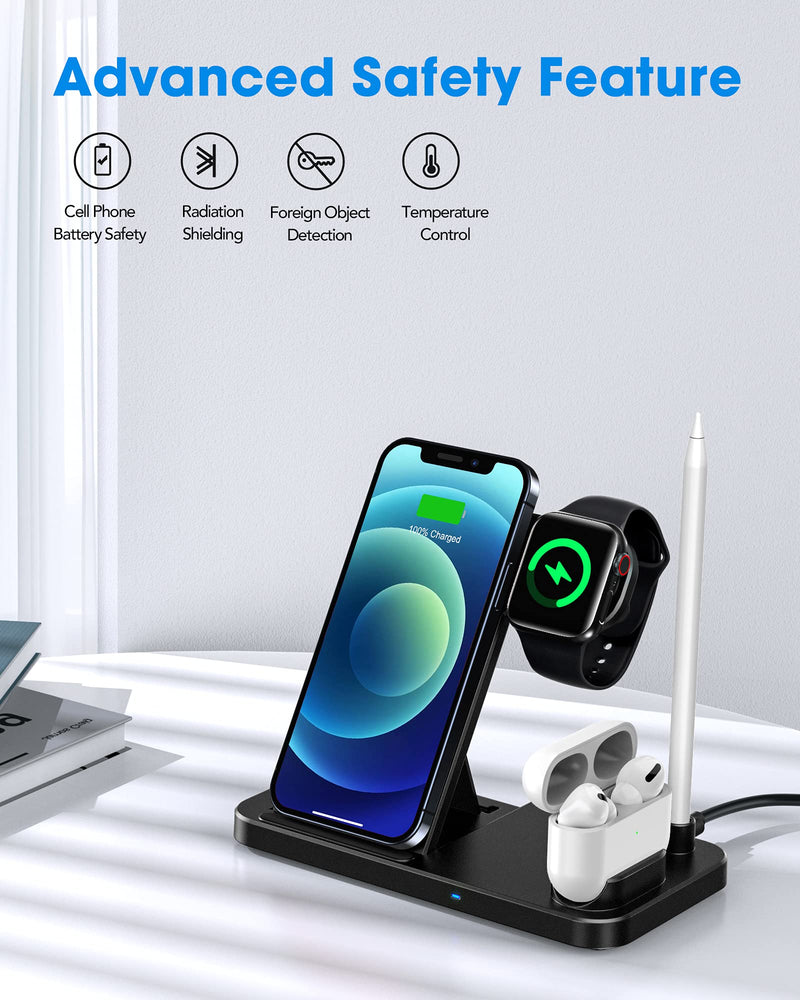  [AUSTRALIA] - 4 in 1 Wireless Charging Station for Apple Products, Fast Wireless Charger Charging Stand Compatible with Apple Watch SE 6 5 4 3 2, AirPods Pro, Pencil and iPhone 12, 11, 11 Pro max, Xr Xs max, X Black