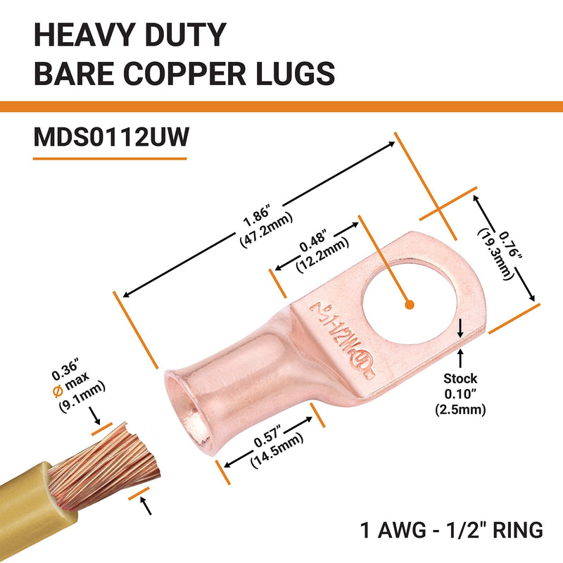  [AUSTRALIA] - SELTERM 1 AWG 1/2" Stud (2 pcs.) UL Heavy Duty Battery Ring Terminal 1 Gauge Connector, Tubular Electrical Wire End Cable Lugs, Bare Copper Eyelets [B61], MD0112UW / MDS0112UW 1 Awg - 1/2" (M12) Ring Pack of 2 pcs.