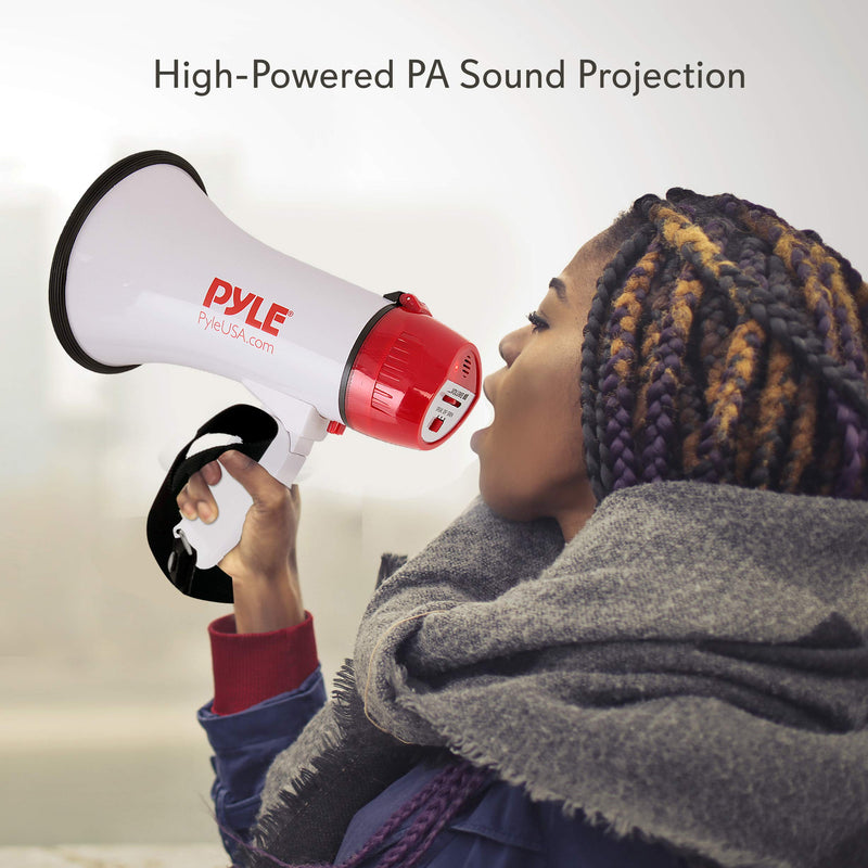 Pyle Megaphone Speaker PA Bullhorn - 20 Watts & Adjustable Vol Control w/ Built-in Siren & 800 Yard Range for Football, Baseball, Hockey, Cheerleading Fans & Coaches or for Safety Drills - PMP20 White - LeoForward Australia