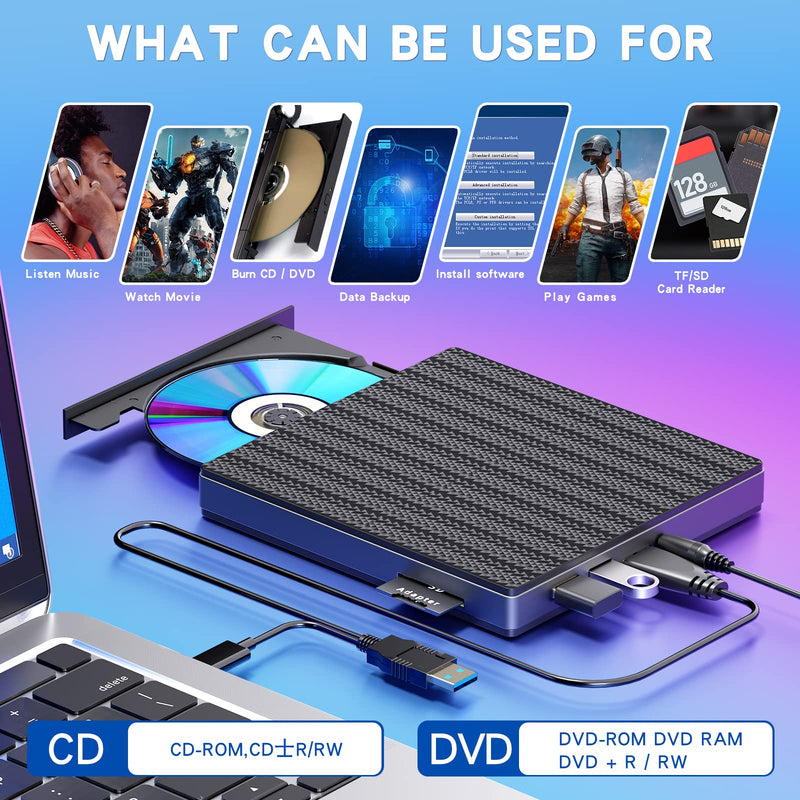  [AUSTRALIA] - aelrsoch External CD DVD +/-RW Drive with SD Card Slots Reader and 4 USB Ports, USB 3.0 Type-C DVD CD ROM Disk Drive Player Burner Rewriter Portable for Laptop Mac PC Windows 11/10/8/7 Linux OS Star pattern
