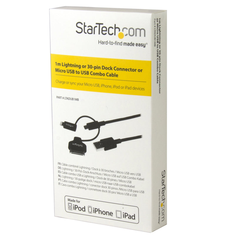  [AUSTRALIA] - StarTech.com 1m 3 ft Black Apple 8-pin Lightning or 30-pin Dock Connector or Micro USB to USB Cable for iPhone iPod iPad - Charge & Sync (LTADUB1MB)