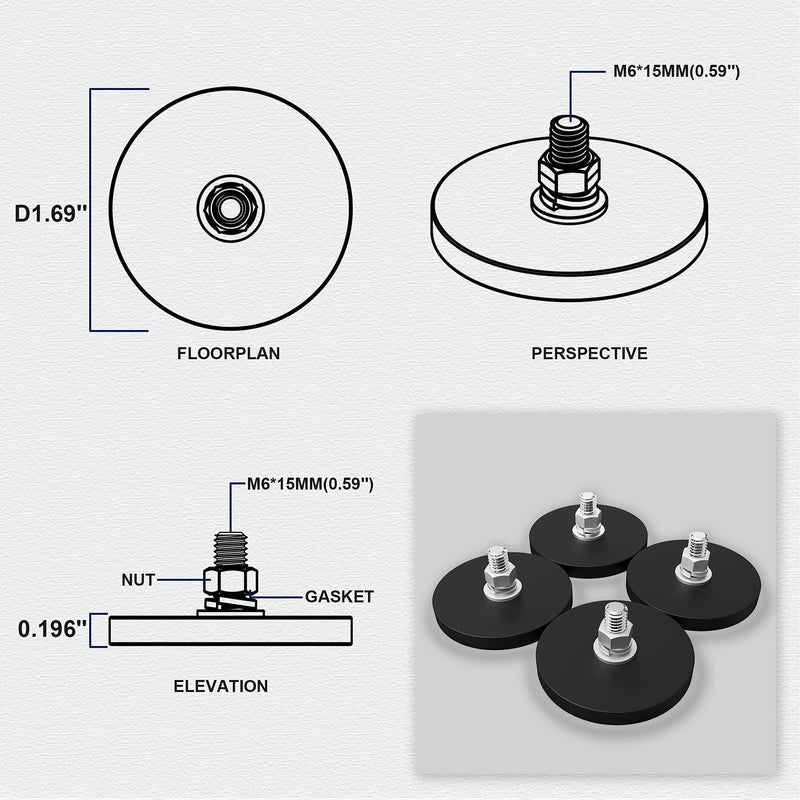  [AUSTRALIA] - TSUTA 4Pcs Rubber Coated Magnets with M6 Threaded Studs and Nuts, Bolt on Magnets, Strong Flag Neodymium Magnet Mount Base with Rubber Coating Non-Slip, Anti-Scratch, for Light Bar and Add Mirrors D43, M6 Black