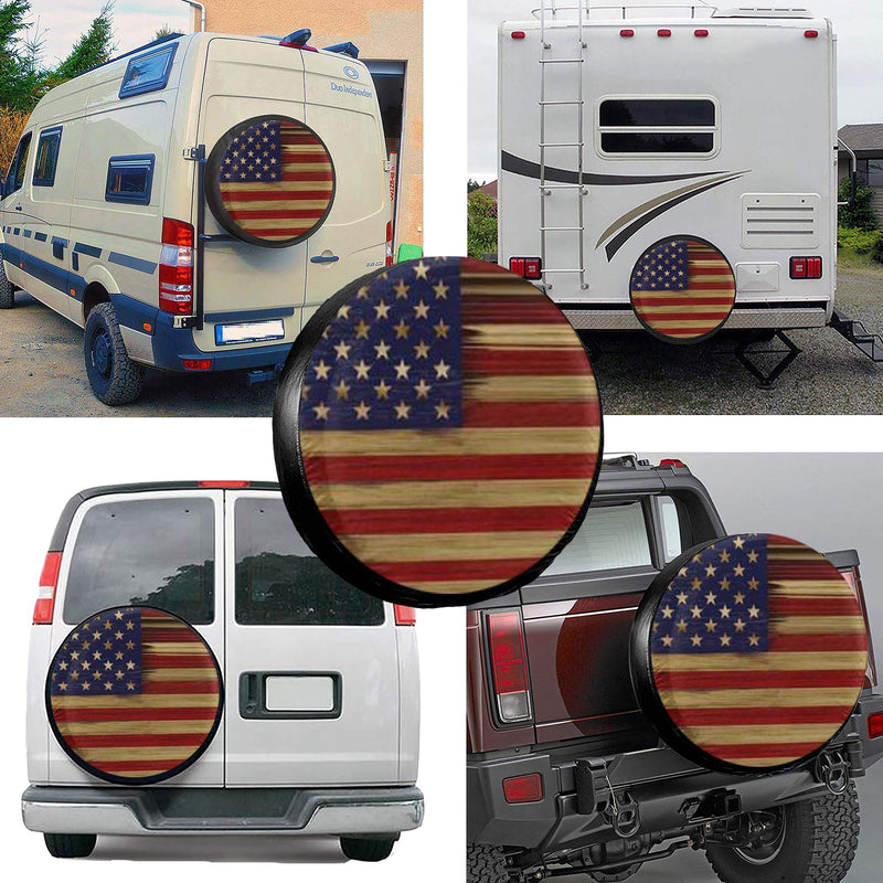  [AUSTRALIA] - MSGUIDE Spare Wheel Tire Cover American Flag Wood Weatherproof Tire Protectors for Jeep Trailer RV SUV Truck and Many Vehicles (14" 15" 16" 17") American Flag Reclaimed Wood 14'' for diameter 23''-27''