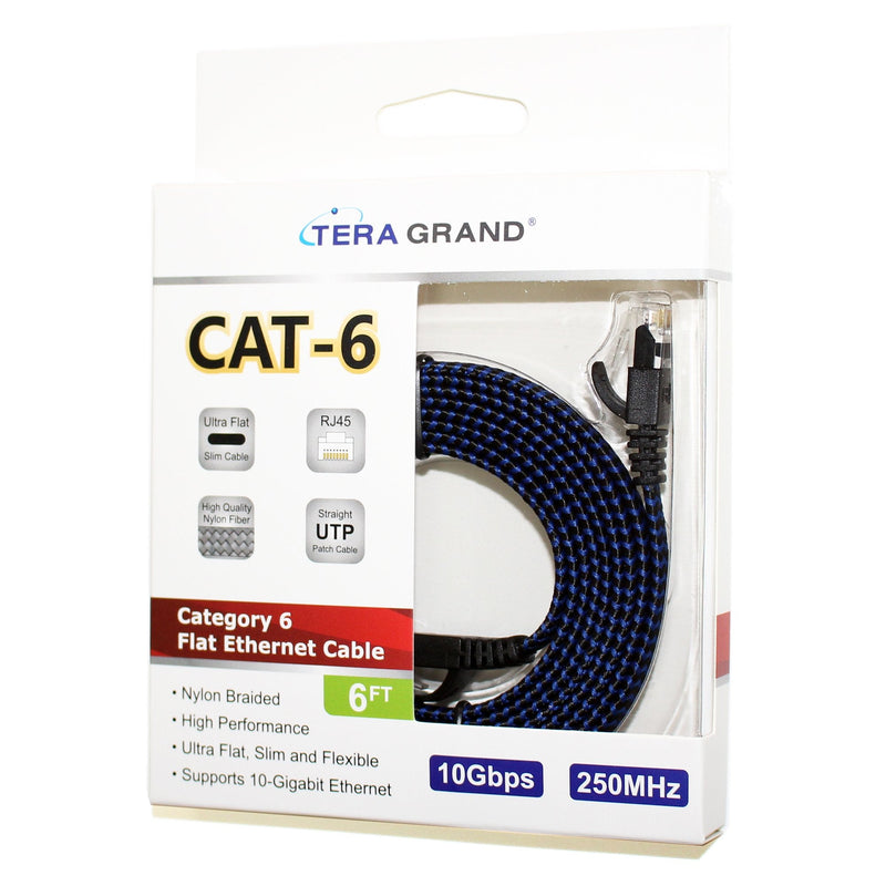  [AUSTRALIA] - Tera Grand - 6 ft CAT6 10 Gigabit Ethernet Ultra Flat Braided Network Cable, Black/Blue, Computer Internet LAN Cable with Snagless RJ45 Connectors (6 Feet) 6 Feet