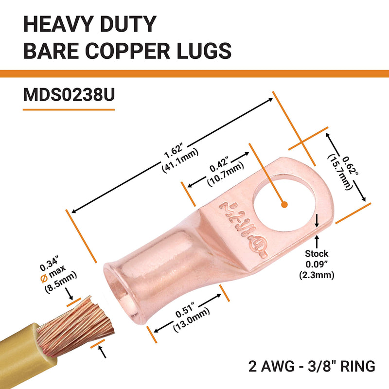  [AUSTRALIA] - SELTERM 2 AWG 3/8" Stud (10 pcs.) UL Heavy Duty Battery Ring Terminal 2 Gauge Connector, Tubular Electrical Wire End Cable Lugs, Bare Copper Eyelets [B49], MD0238U / MDS0238U 2 Awg - 3/8" (M10) Ring Pack of 10 pcs.