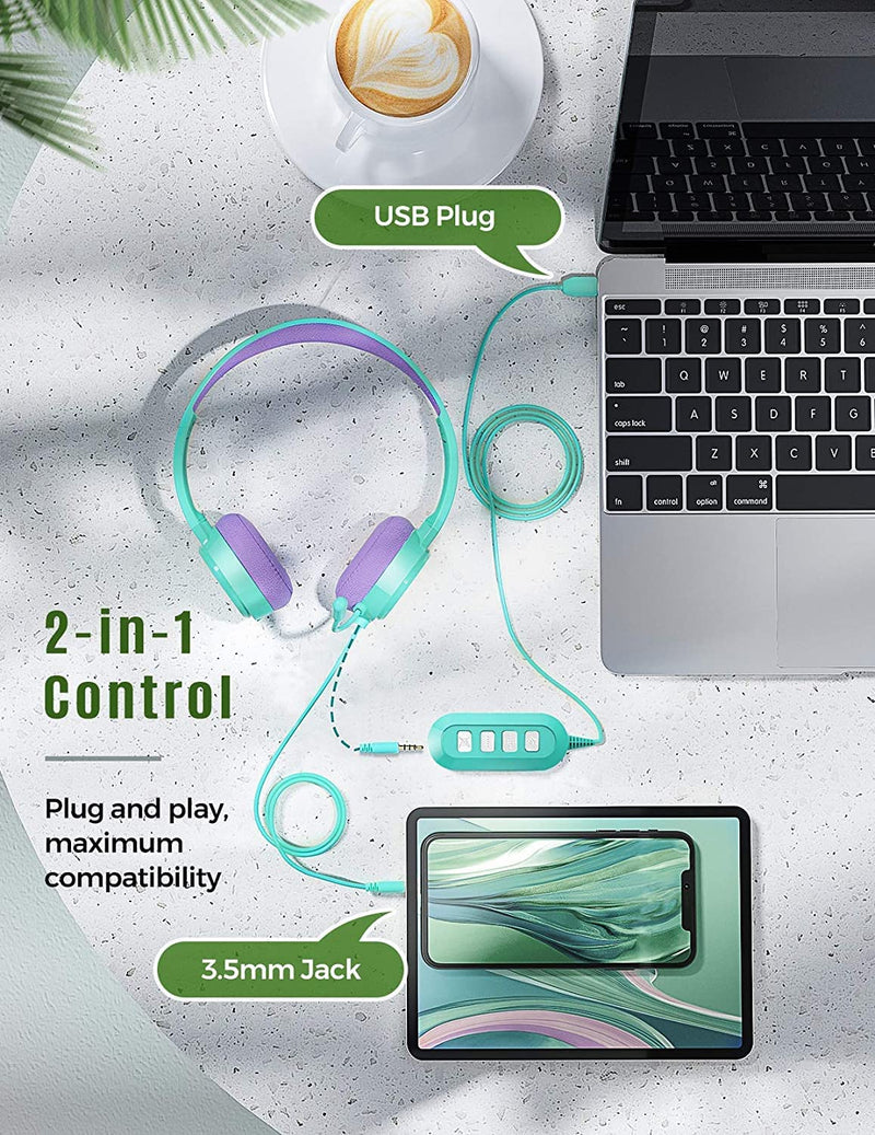  [AUSTRALIA] - Kid 3.5mm/USB Headset with Noise Canceling Microphone, Inline Volume Control & Mute Function, Computer Headphones for Home, Office, School,Skype, Zoom, Call Center, Meetings, PC, Tablet GreenPurple