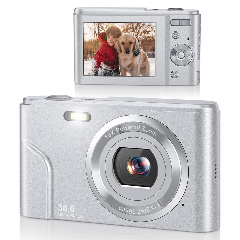  [AUSTRALIA] - Lecran Digital Camera FHD 1080P 36.0 MP Vlogging Camera with 16X Digital Zoom, LCD Screen, Compact Portable Mini Cameras for Students, Teens, Kids (Silver Grey) Silver