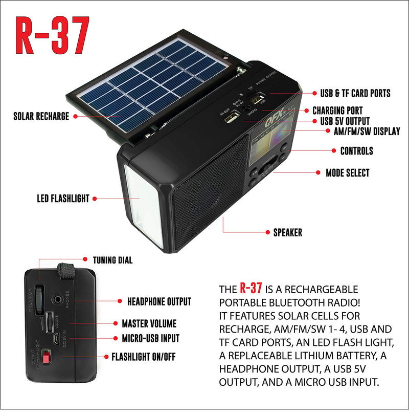 QFX R-37 6-Band (AM, FM, SW1 - SW4) Bluetooth LED Flashlight Solar Radio (2021 Model) Black - LeoForward Australia