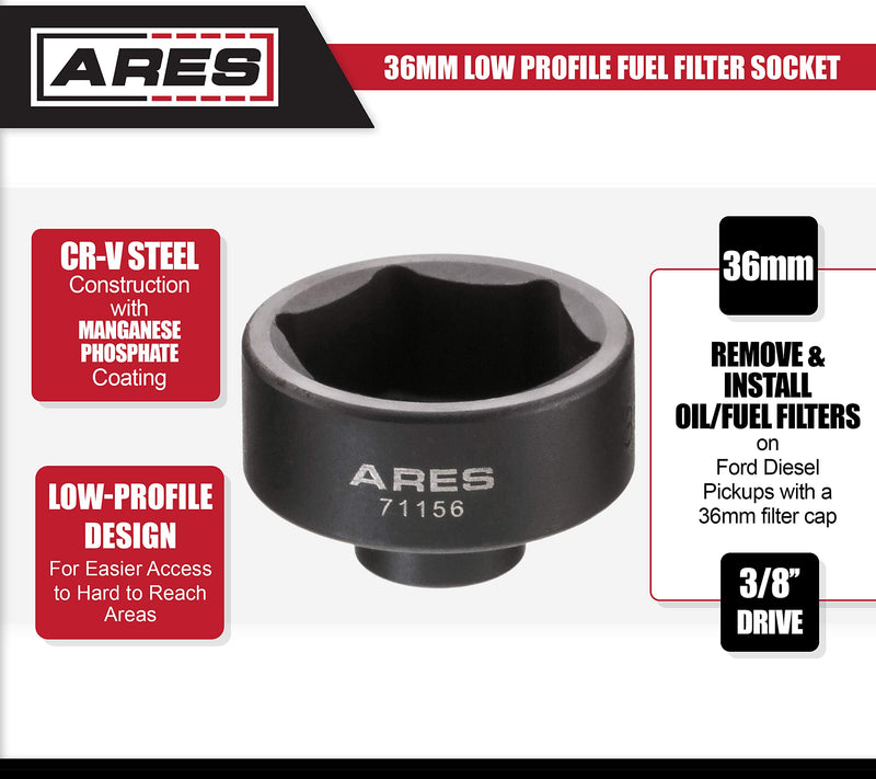 ARES 71156 - 36mm Low Profile Fuel Filter Socket - Low Profile Design for Easy Access - Chrome Vanadium Steel with Manganese Phosphate Coating to Resist Rust and Corrosion black,black - LeoForward Australia