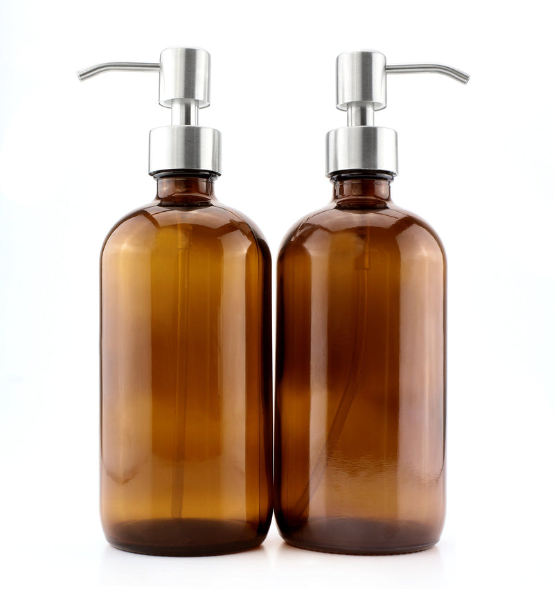 Cornucopia 16-Ounce Amber Glass Bottles w/Stainless Steel Pumps (2-Pack); Lotion & Soap Dispenser Brown Boston Round Bottles for Aromatherapy, DIY, Home & Kitchen - LeoForward Australia