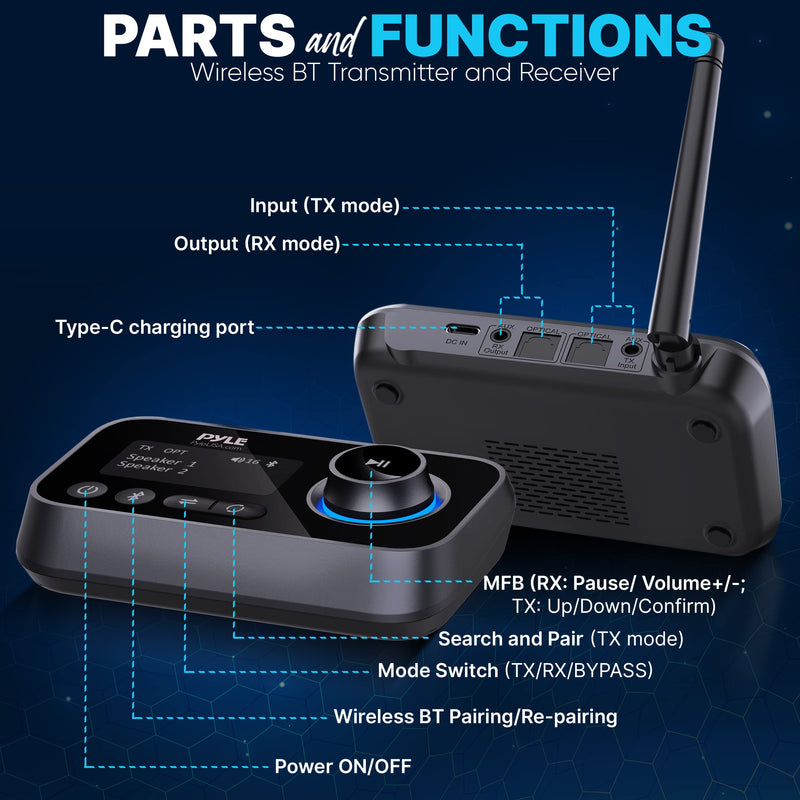  [AUSTRALIA] - Wireless Bluetooth Transmitter Receiver - Audio Transmitting Box for TV Home Theater Stereo, LCD Display, Optical, and AUX Audio Jacks, Bluetooth Version: 5.0 - Pyle PDWM18BT