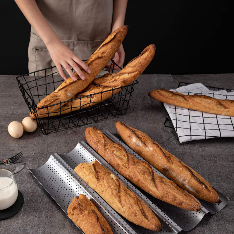  [AUSTRALIA] - KITESSENSU Nonstick Baguette Pans for French Bread Baking, Perforated 4 Loaves Baguettes Bakery Tray, 15" x 13", Silver, Set of 2 2 Pack
