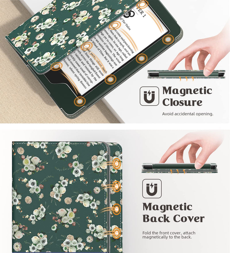  [AUSTRALIA] - MoKo Case Fits All-new 6" Kindle(11th Generation, 2022 Release)/Kindle(10th Gen,2019)/Kindle(8th Gen, 2016), Ultra Lightweight PU Shell Cover with Auto Wake/Sleep for Kindle 2022, Flowers & Dark Green Flowers on Dark Green