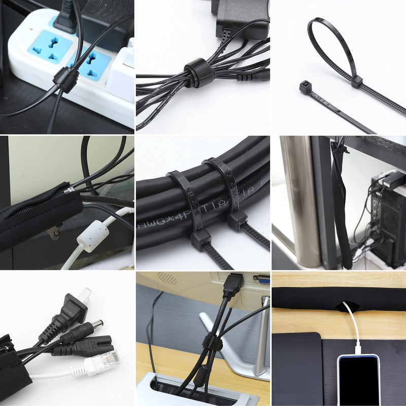 [AUSTRALIA] - 126pcs Cord Management Organizer Kit 4 Cable Sleeve with Zipper,10 Self Adhesive Cable Clip Holder,10pcs and 2 Roll Self Adhesive tie and 100 Fastening Cable Ties for TV Office Home etc (Black)