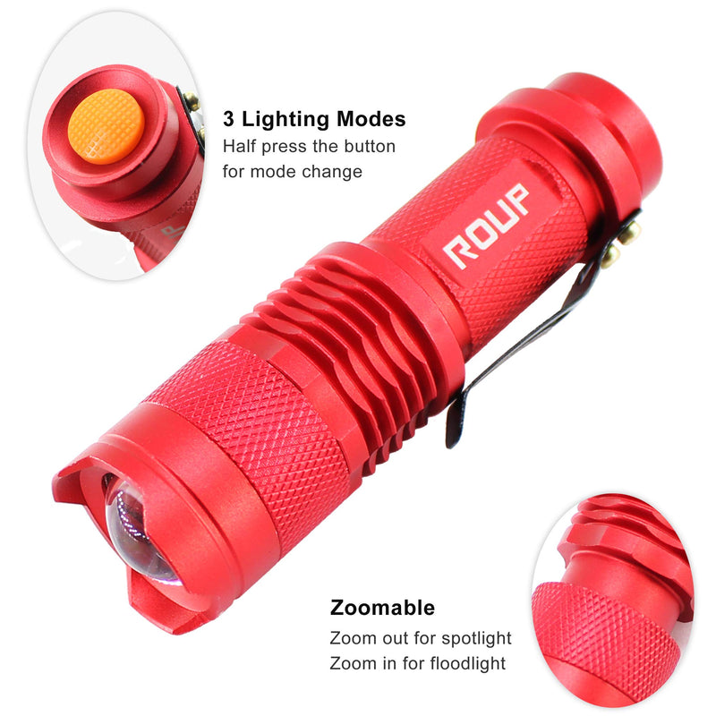 ROUP 2 Pack YP-100 Red Light LED Flashlight, Zoomable, Water Resistant, 3 Light Modes, Adjustable Focus Light for Camping, Hiking, Hunting, Night Vision, Astronomy and Emergency (Red Shell) - LeoForward Australia