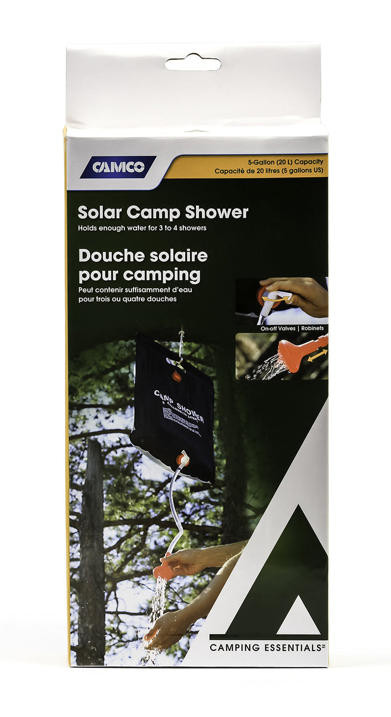  [AUSTRALIA] - Camco Outdoor Natural Solar Shower with On-Off Valve for Campsites - Holds 5 Gallons of Water, Sufficient for 3-4 Showers, Excellent for Camping, Hiking, RVing, and Traveling (51368), White