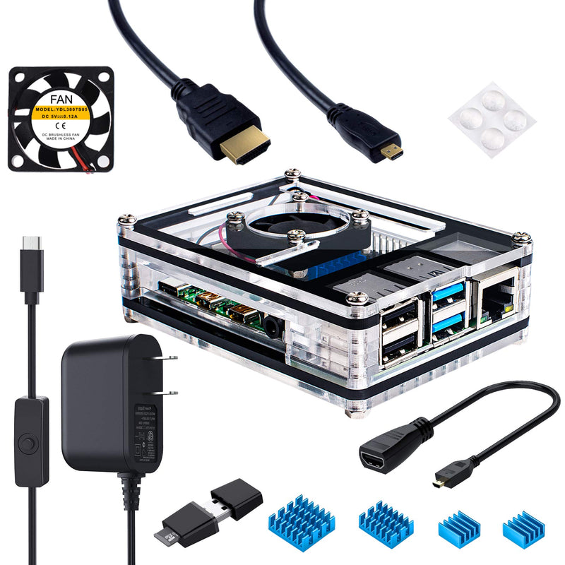  [AUSTRALIA] - Miuzei Case for Raspberry Pi 4 with Fan, 3A USB-C Power Supply, 1.5M Micro HDMI Cable, HDMI-Micro HDMI Adapter, 4 Aluminum Heat Sinks, USB Card Reader (Raspberry Pi 4 Not Included