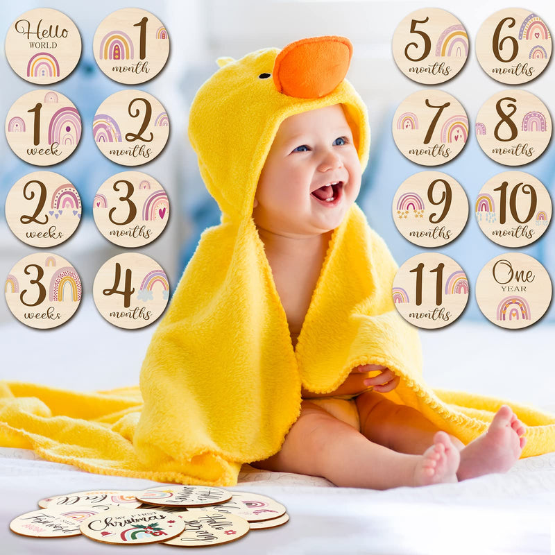  [AUSTRALIA] - 16 Pieces Wooden Baby Monthly Milestone Cards Baby Monthly Milestone Marker Discs Double Sided Monthly Milestone Wooden Circles Baby Months Signs for Baby Shower Newborn Photo Props(Rainbow) Rainbow