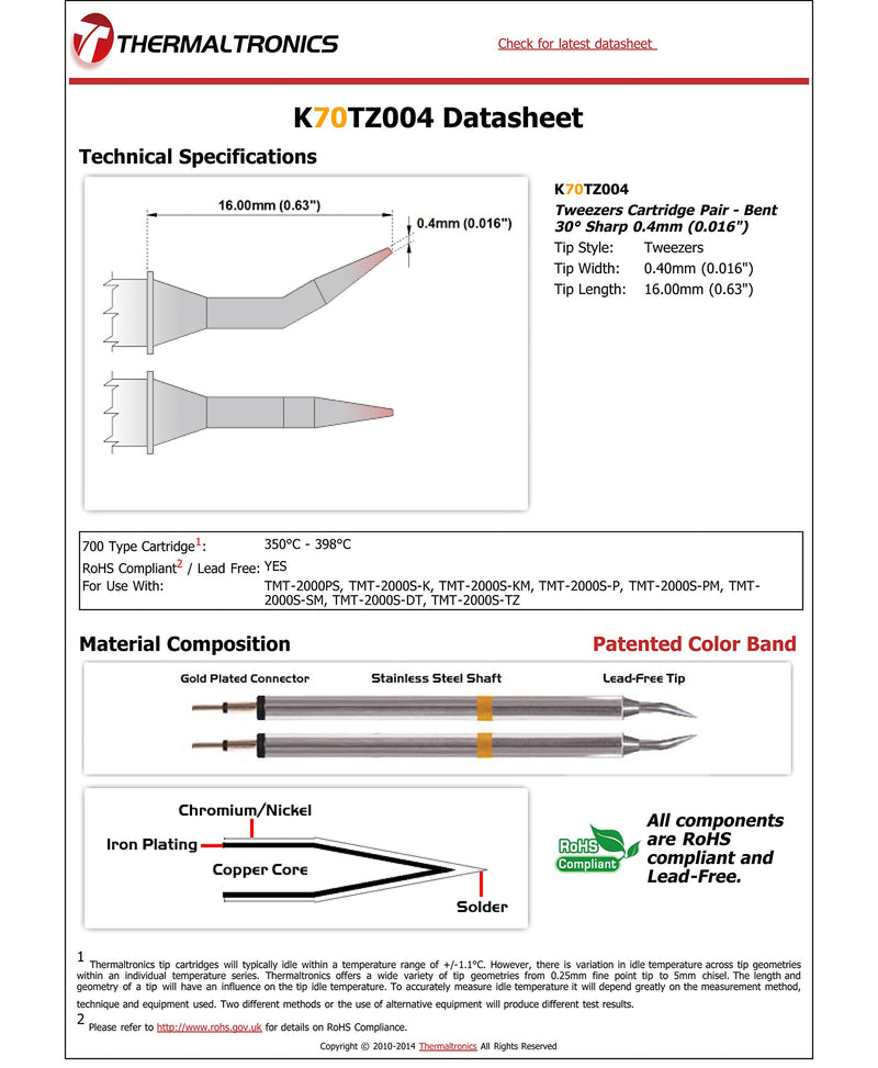  [AUSTRALIA] - Thermaltronics K70TZ004 Tweezers Cartridge Pair - Bent 30deg Sharp 0.4mm (0.016in)