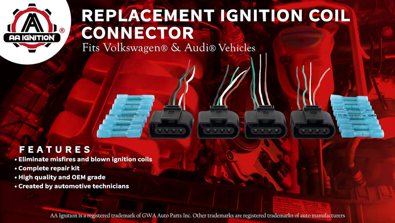 Ignition Coil, Coil Pack Replacement Connector - Harness - Set of 4 - Compatible with Volkswagen VW & Audi 1.8T, 2.0T, 2.5L, 3.2L, 4.2L Vehicles - LeoForward Australia