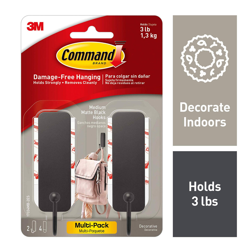  [AUSTRALIA] - Command Medium Decorative Wall Hooks, Damage Free Hanging Wall Hooks with Adhesive Strips, No Tools Wall Hooks for Hanging Christmas Decorations, 2 Black Hooks and 4 Command Strips Matte Black