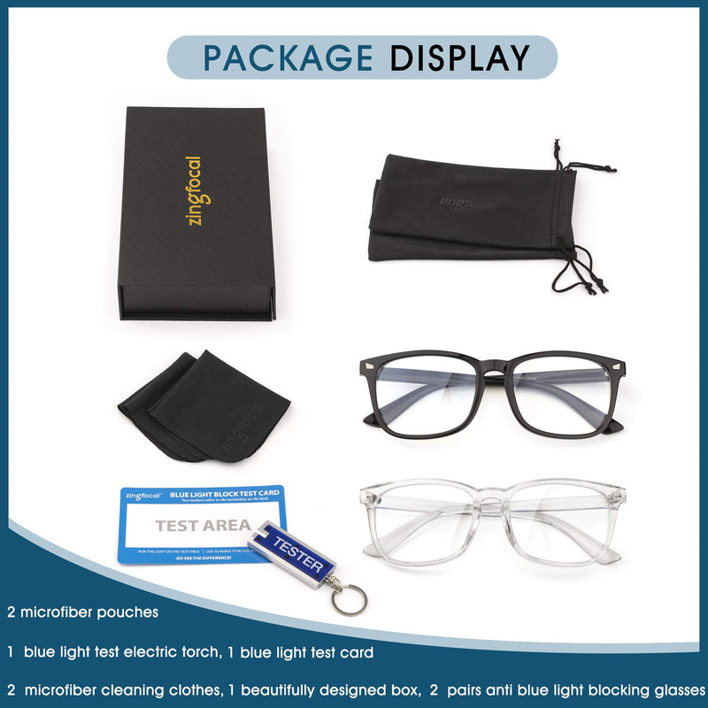  [AUSTRALIA] - Blue Light Blocking Glasses 2 Pack Fashion Square Computer Game Eyeglasses for Women Men Anti Eyestrain Headache Reading Glasses Non Prescription(Black+Transparent) Black+transparent